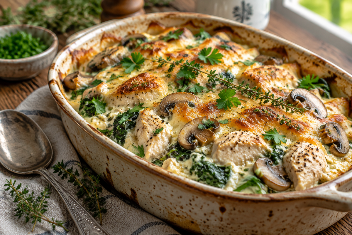Creamy cottage cheese casserole with chicken, mushrooms, and spinach garnished with fresh herbs