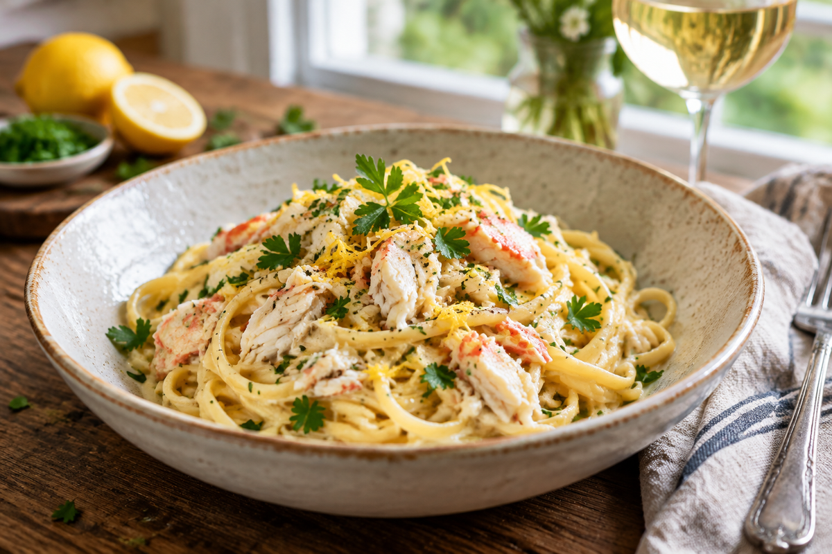 Creamy crab linguini with white wine sauce garnished with parsley and lemon zest