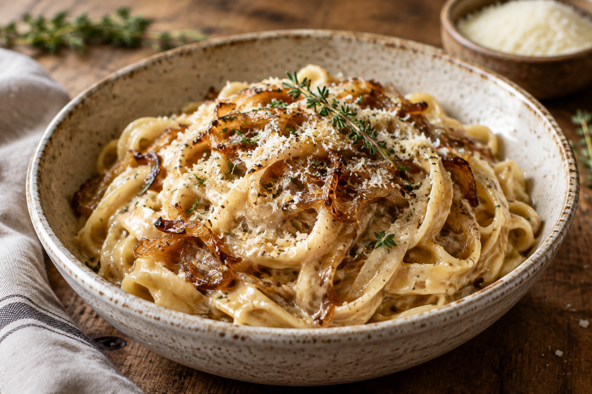 Creamy french onion pasta with browned butter garnished with fresh thyme and black pepper