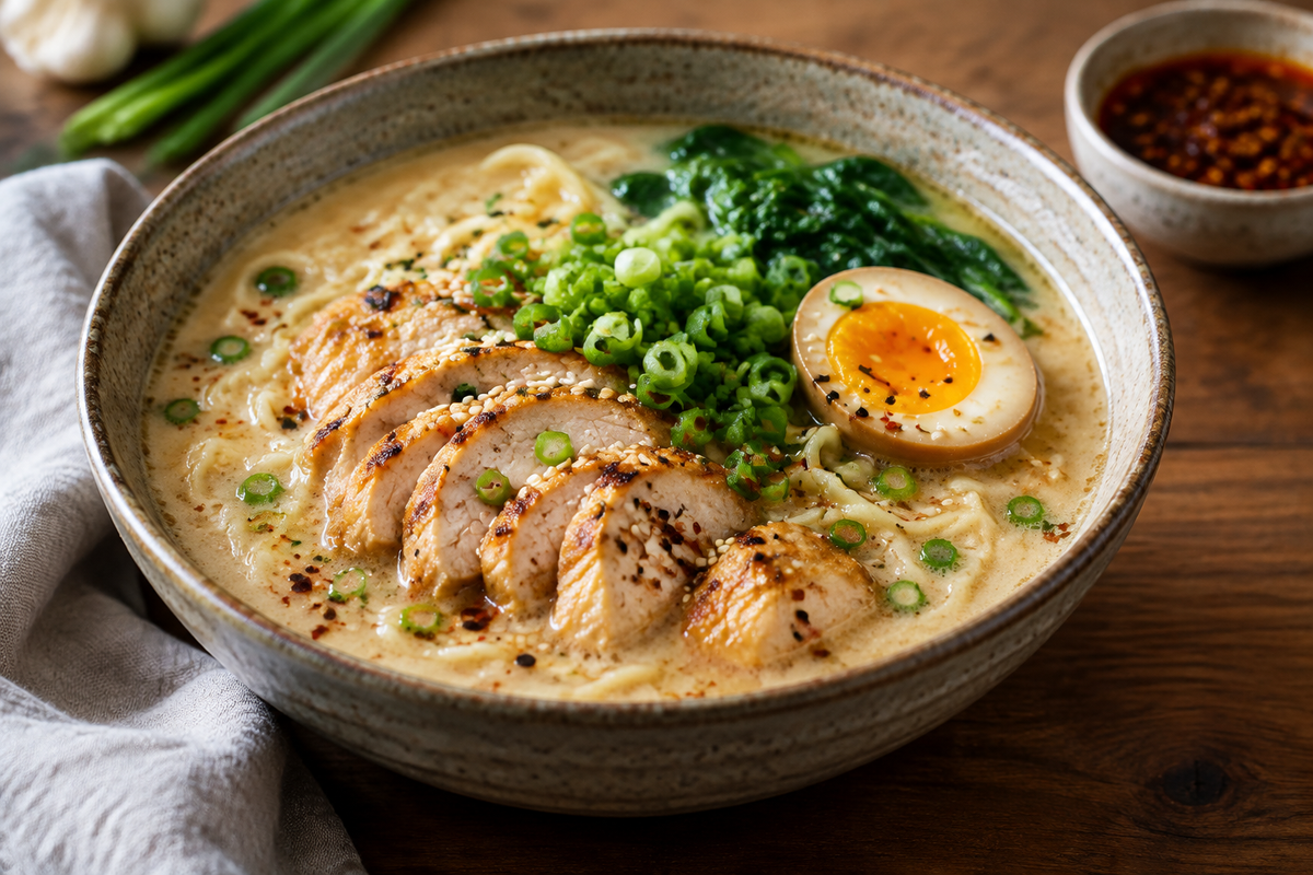 Creamy garlic chicken ramen served in a rustic bowl with green onions and sesame seeds garnish