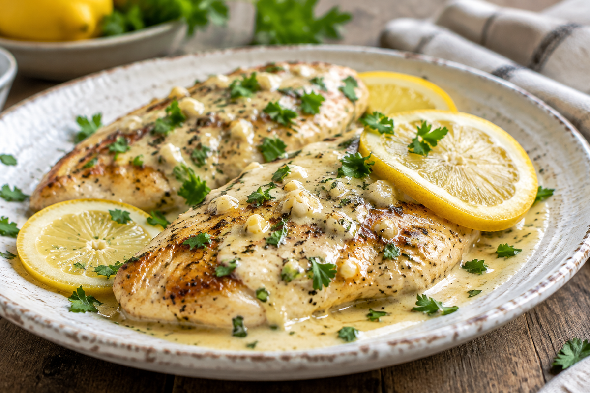 Creamy garlic lemon chicken plated with lemon slices and parsley, creamy garlic lemon chicken dish