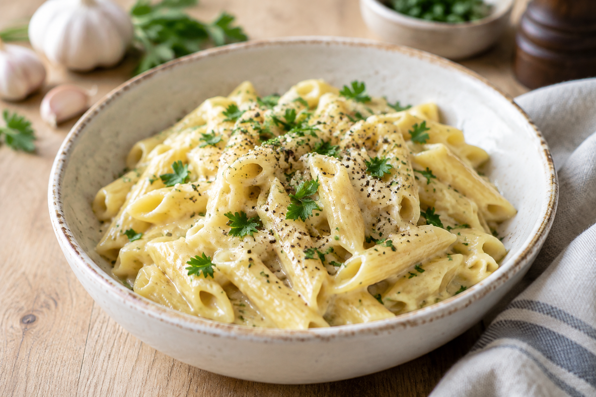Creamy garlic pasta in a bowl garnished with parsley and black pepper, showcasing creamy garlic pasta