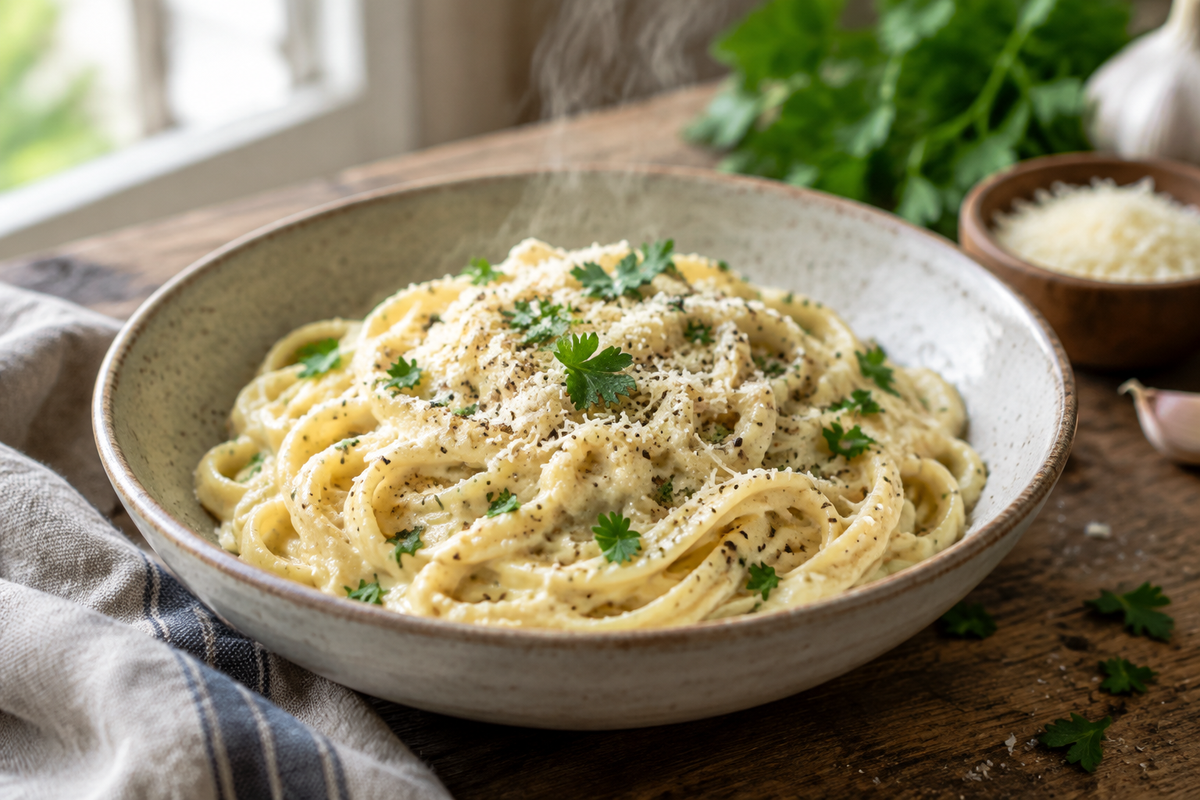 Creamy garlic pasta garnished with fresh parsley and black pepper in a rustic bowl, showcasing creamy garlic pasta