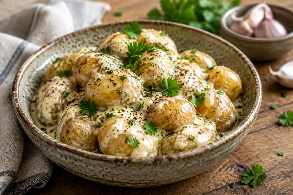 Creamy garlic sauce baby potatoes garnished with fresh parsley and cracked black pepper