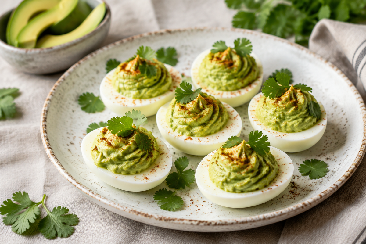 Creamy avocado deviled eggs with paprika and cilantro garnish on rustic plate, avocado deviled eggs
