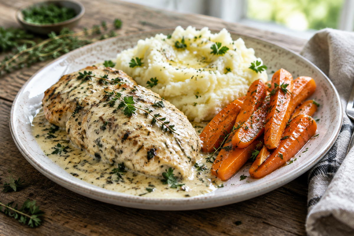 Creamy herb chicken served with mashed potatoes and glazed carrots on a rustic plate, showcasing creamy herb chicken