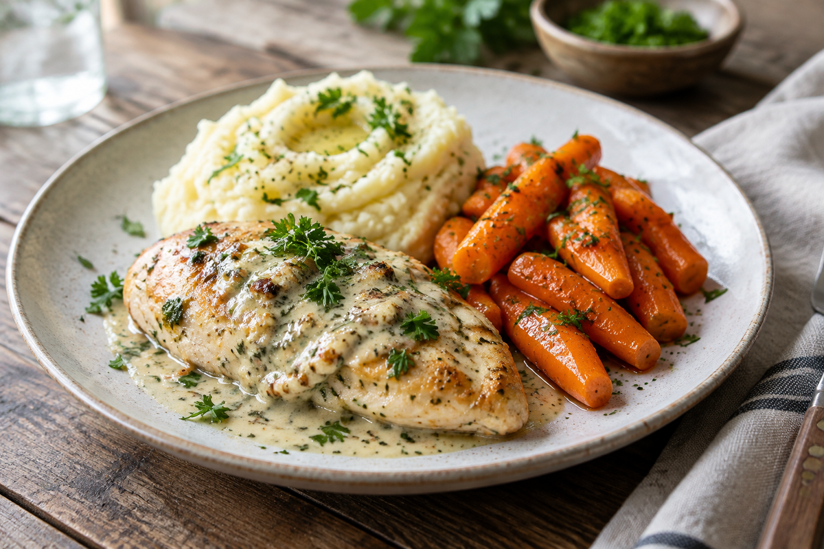 Creamy herb chicken served with mashed potatoes and honey glazed carrots dinner plated beautifully