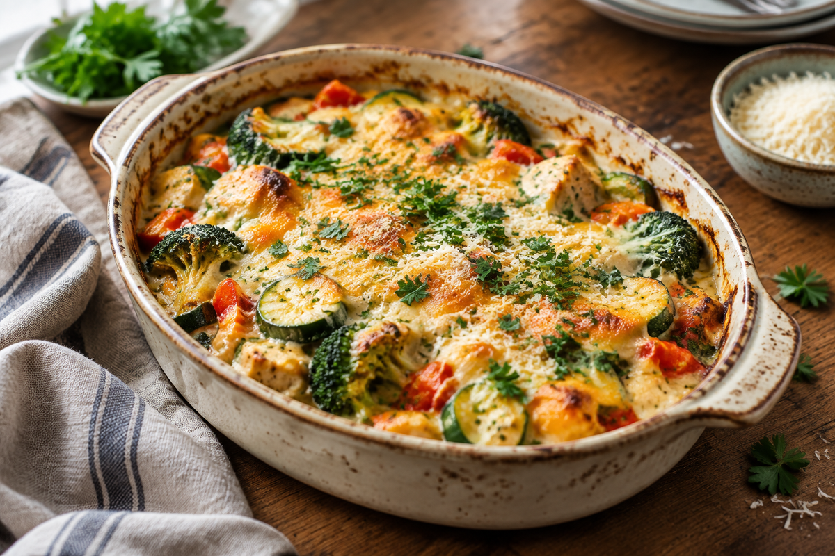 Creamy high protein veggie casserole with golden crust and fresh parsley garnish