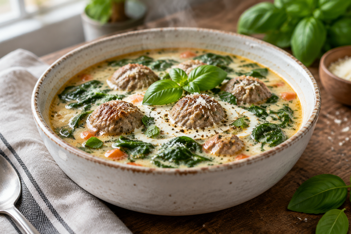 Creamy Italian meatball soup in a rustic bowl garnished with basil and cream swirl