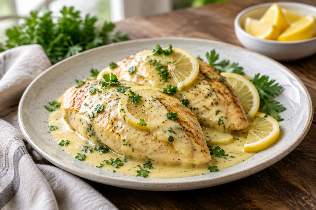 Creamy lemon chicken plated with lemon slices and fresh parsley on rustic wooden surface