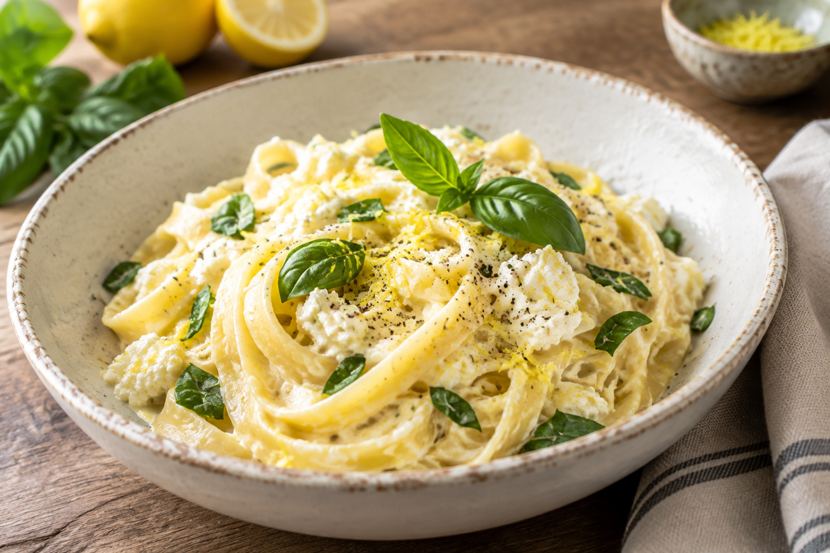 Creamy lemon ricotta pasta garnished with fresh basil and lemon zest in a rustic bowl