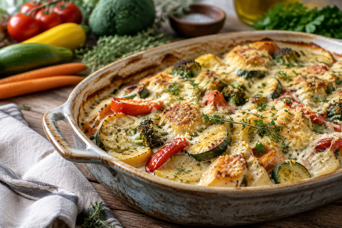 Creamy roasted vegetable bake garnished with fresh herbs, showcasing a golden crust and vibrant veggies
