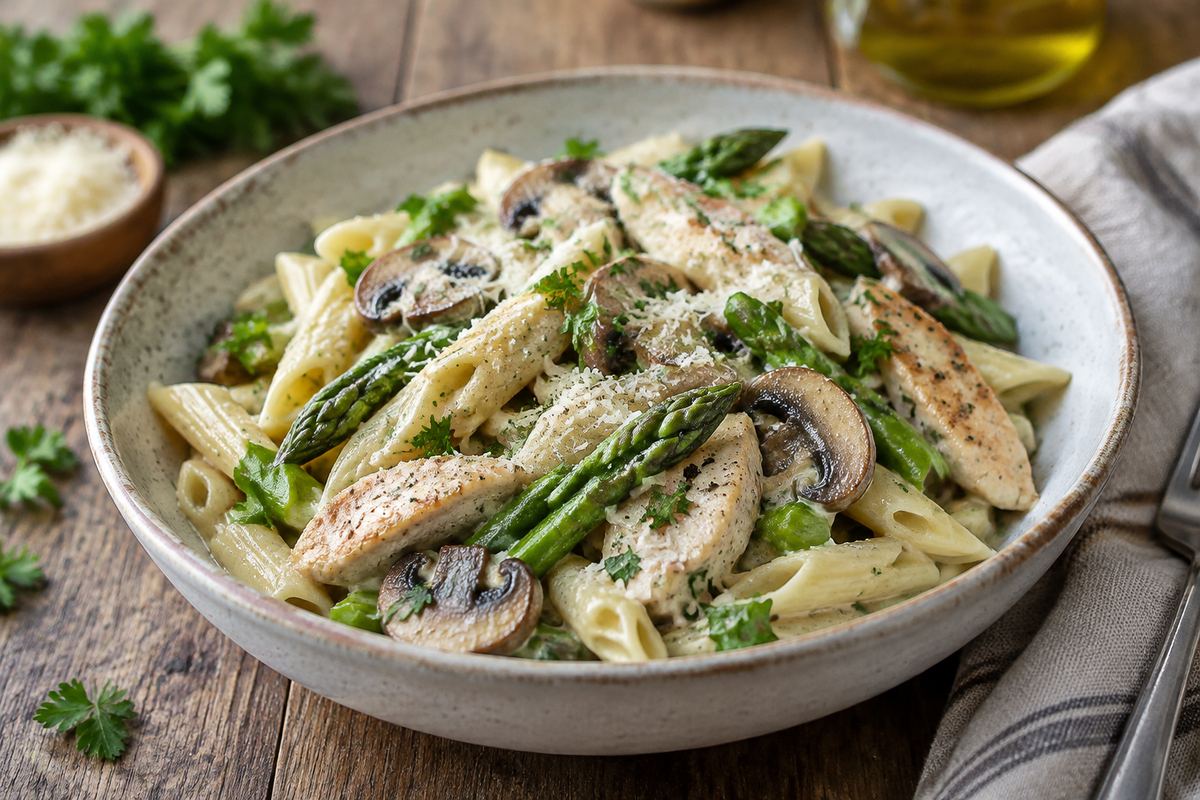 Creamy mushroom and asparagus chicken penne pasta garnished with parsley and Parmesan cheese