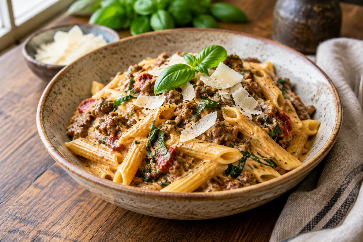 Creamy Tuscan ground beef pasta in rustic bowl garnished with basil and Parmesan