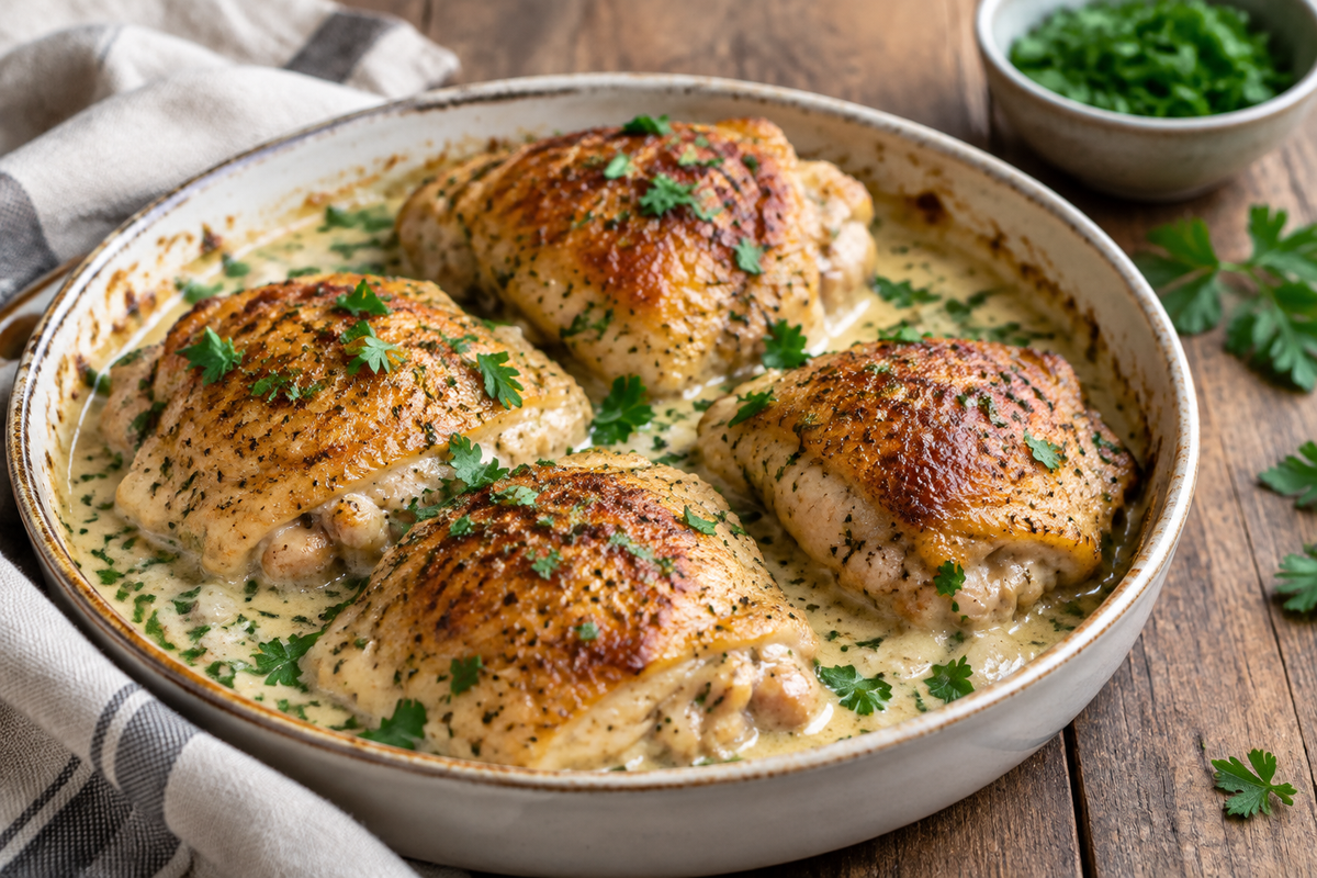 Creamy oven baked chicken thighs with golden skin and fresh parsley garnish in rich sauce