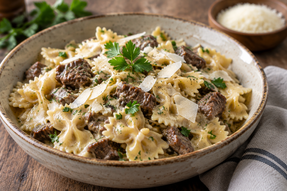 Creamy parmesan garlic beef bowtie pasta garnished with parsley and parmesan cheese