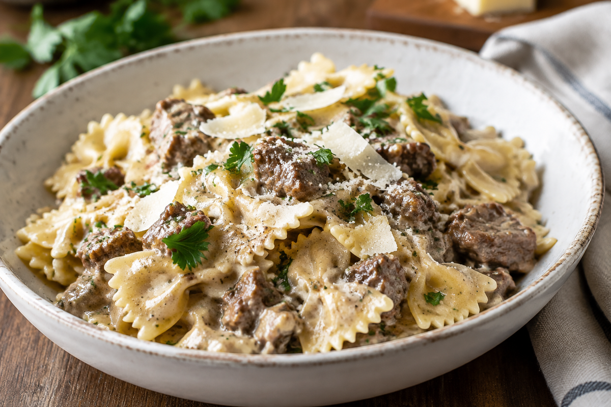 Creamy parmesan garlic beef bowtie pasta garnished with parsley and parmesan cheese