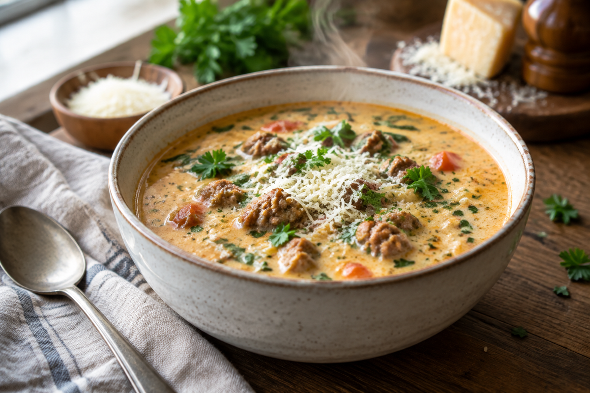 Bowl of creamy Parmesan Italian sausage soup garnished with parsley and Parmesan, showcasing Italian sausage soup