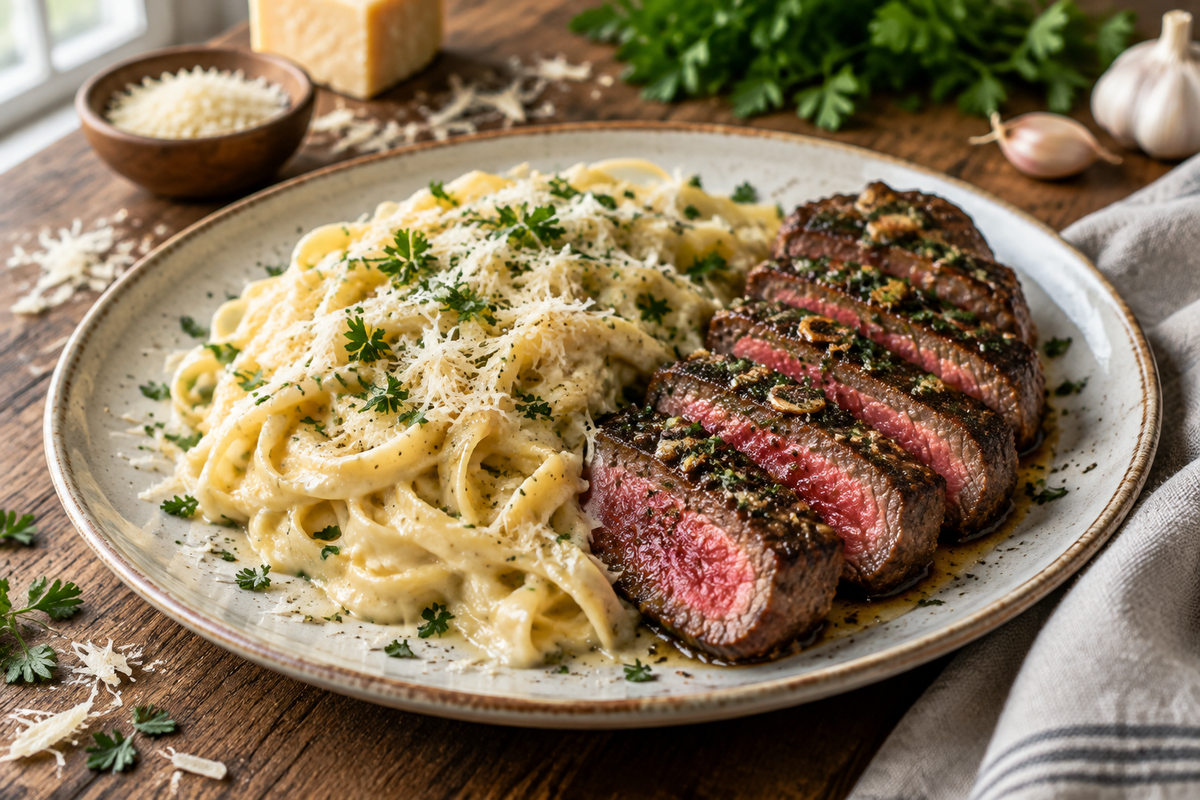 Creamy parmesan pasta with garlic steak on a rustic plate garnished with parsley