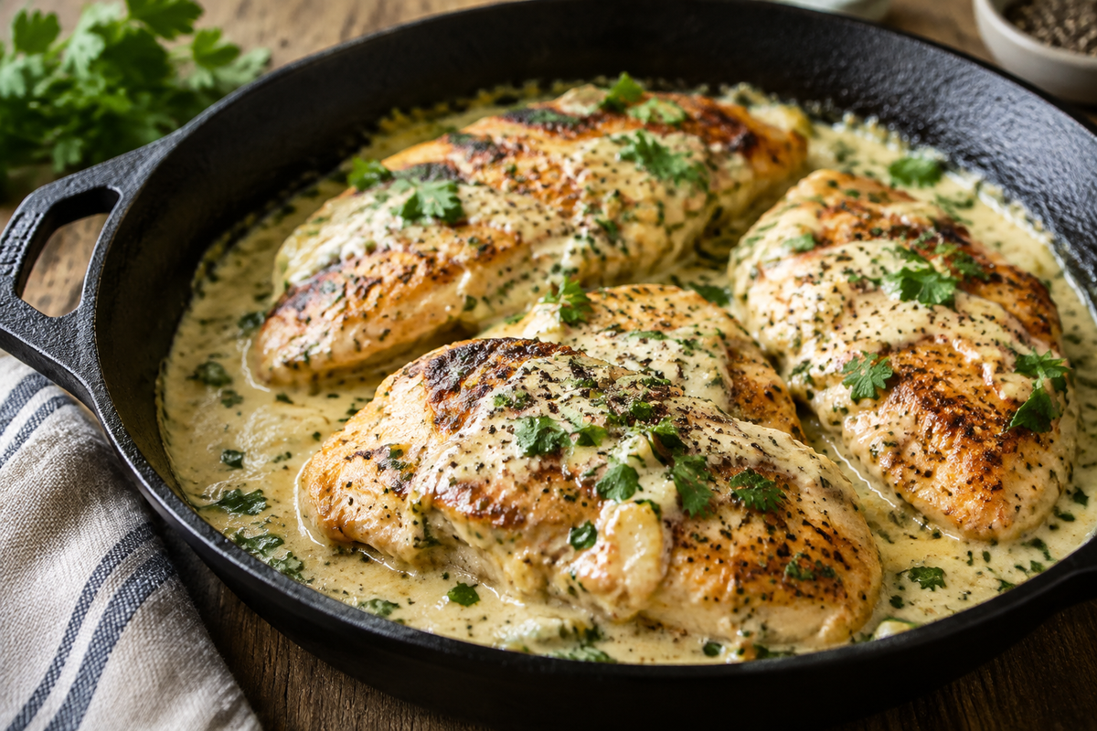Creamy ranch chicken skillet with golden pan-seared chicken and rich ranch sauce garnished with parsley