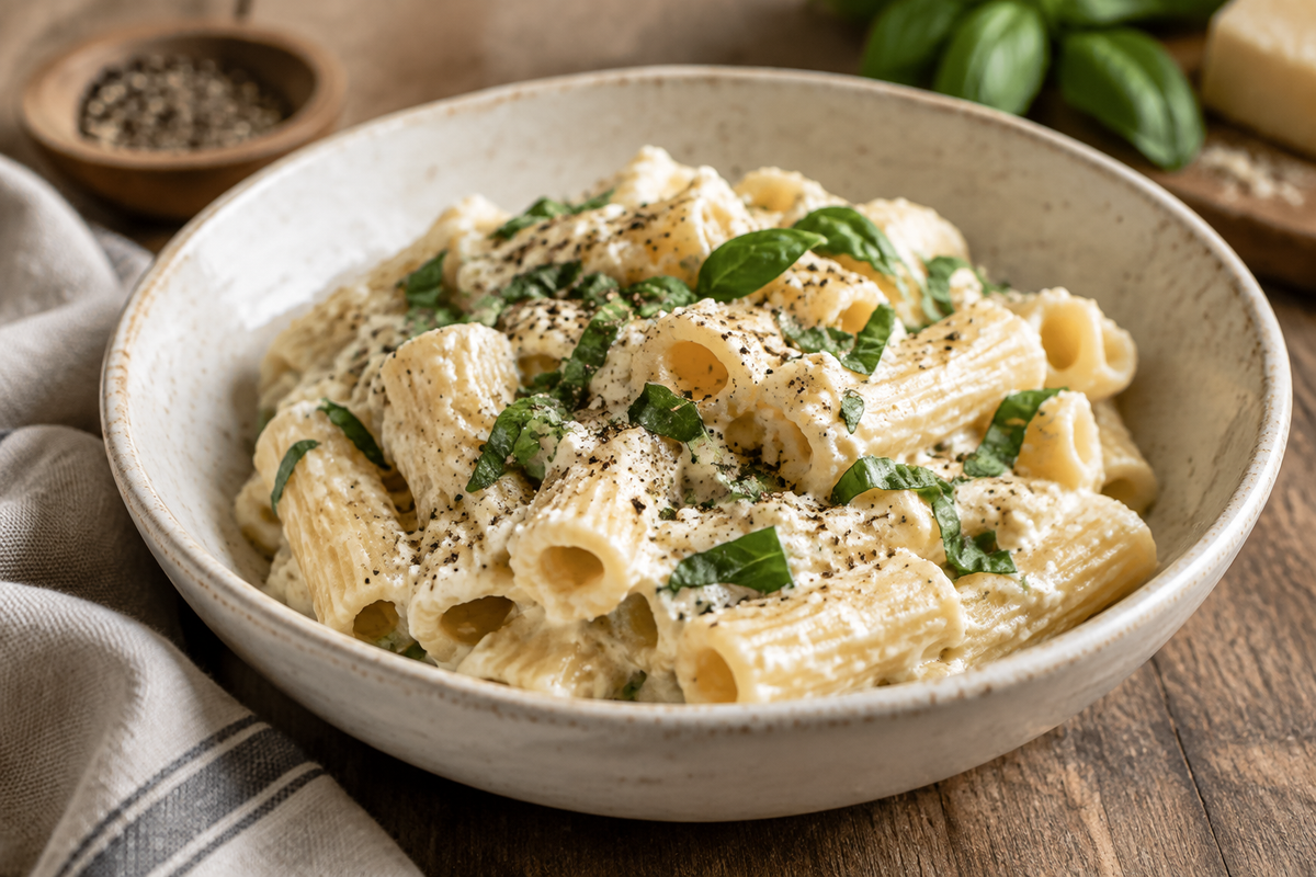 Creamy ricotta pasta served in a bowl garnished with basil and pepper, showcasing creamy ricotta pasta