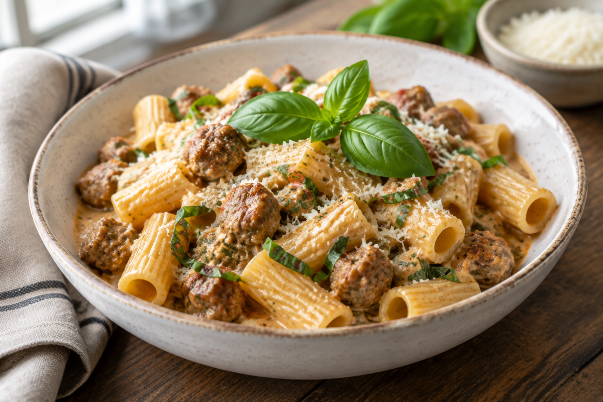 Creamy rigatoni with Italian sausage garnished with fresh basil and Parmesan cheese