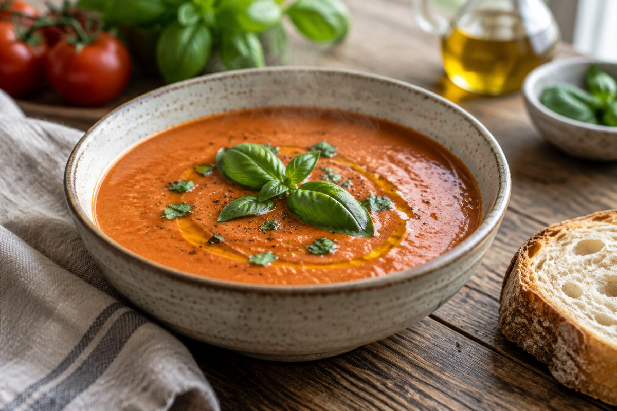 Creamy roasted tomato soup garnished with basil and olive oil in a rustic bowl