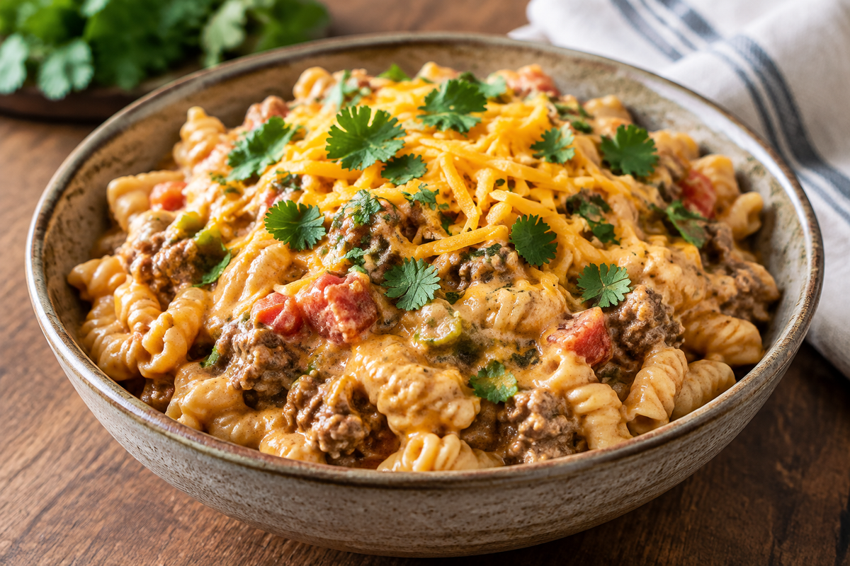 Creamy rotel pasta with ground beef in a bowl garnished with cilantro and cheddar cheese, showcasing creamy rotel pasta