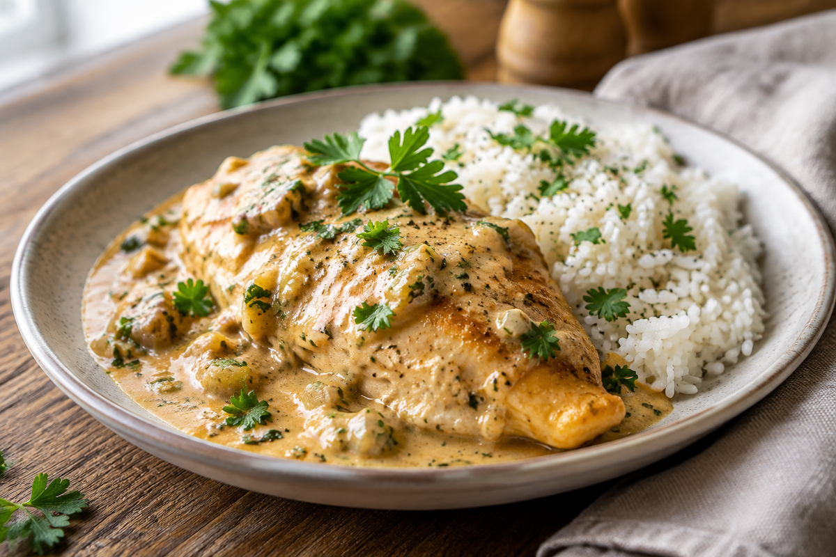 Creamy smothered chicken and rice with parsley garnish in a rustic bowl, creamy smothered chicken