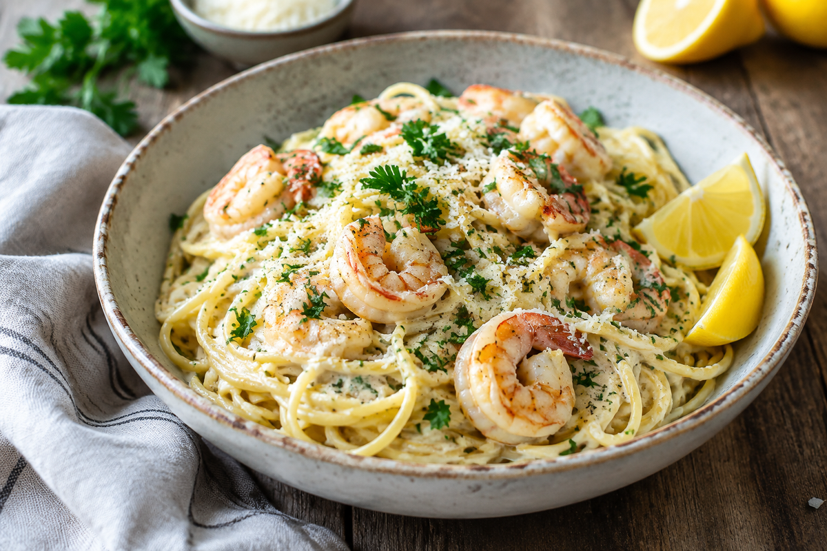 Creamy spaghetti shrimp sauce with fresh cheese garnished with parsley and lemon wedges