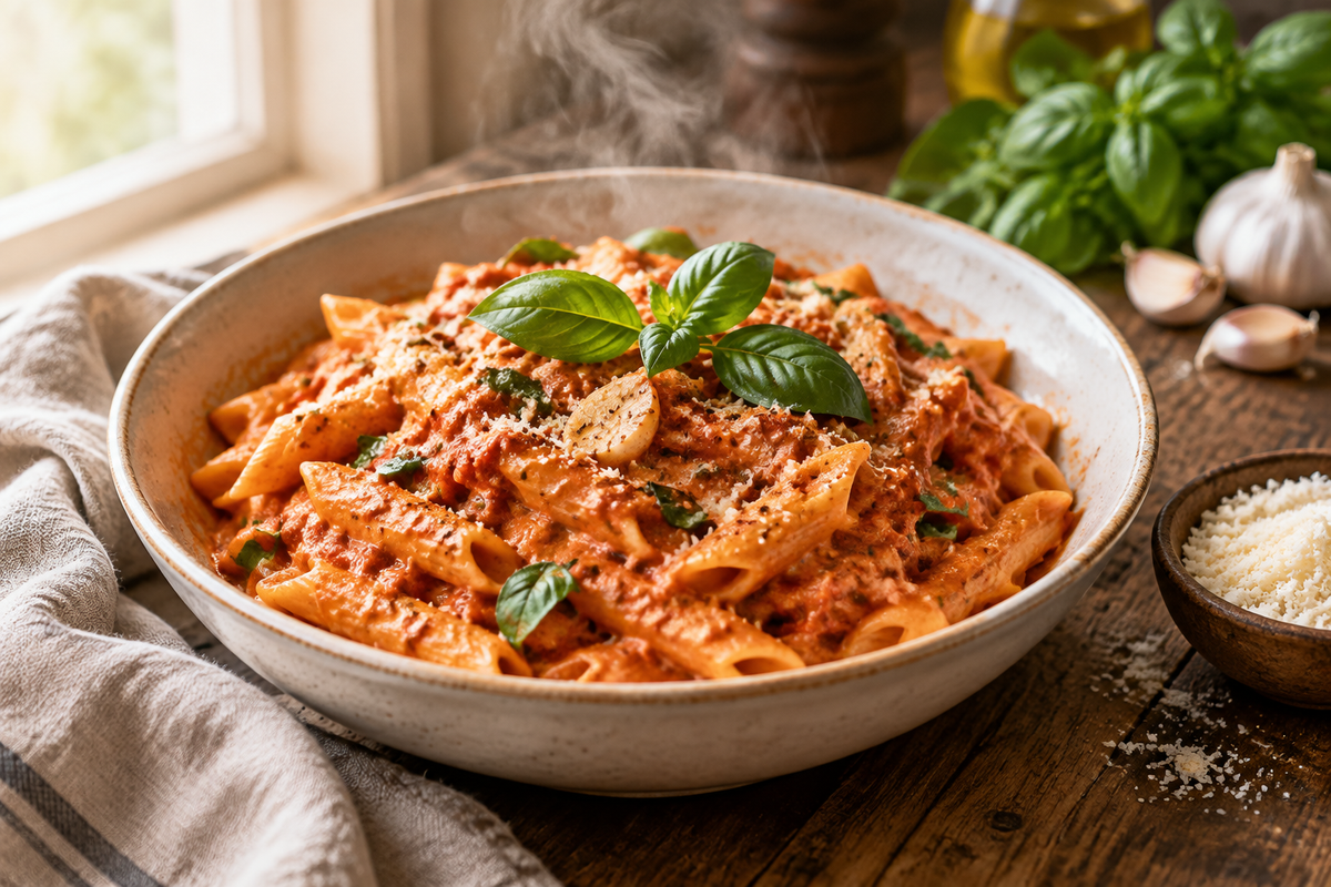Creamy tomato garlic pasta in a bowl garnished with fresh basil, showcasing creamy tomato garlic pasta