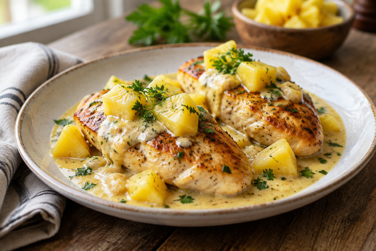 Creamy pineapple chicken dish with seared chicken and creamy pineapple sauce, cremiges ananas hähnchen