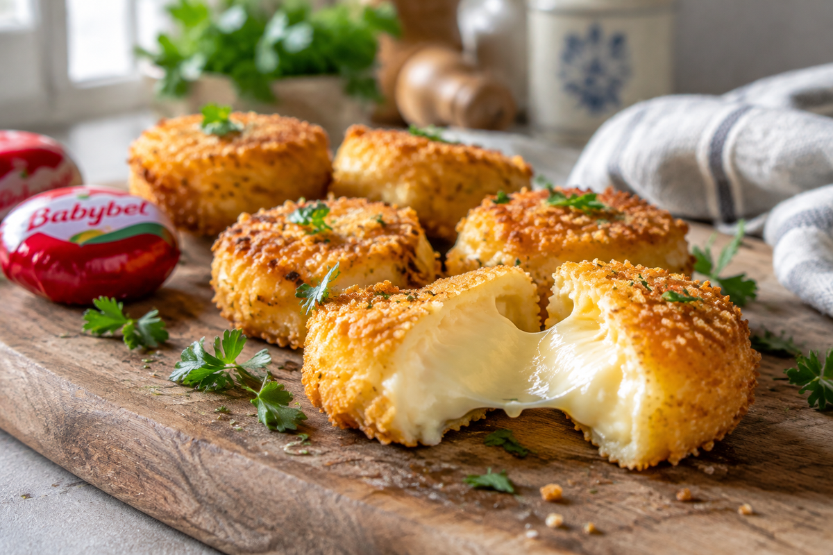 crispy golden air fried babybel cheese rounds garnished with parsley on wooden board
