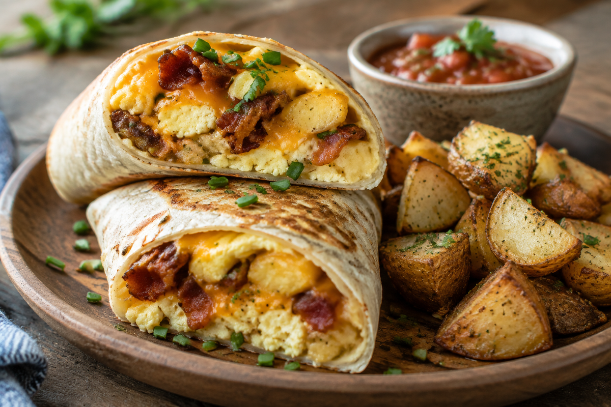 Crispy bacon egg cheese burrito with roasted potatoes and fresh chives on a rustic wooden table