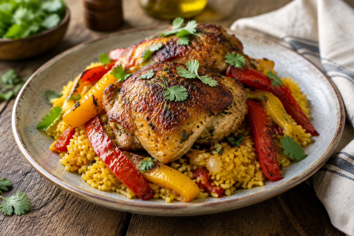 Crispy caramelized chicken thighs with golden turmeric Spanish rice and roasted peppers on a rustic plate