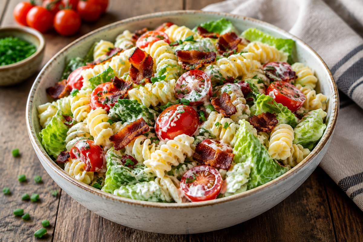 Bowl of crispy creamy BLT pasta salad with bacon, lettuce, and tomato in creamy dressing
