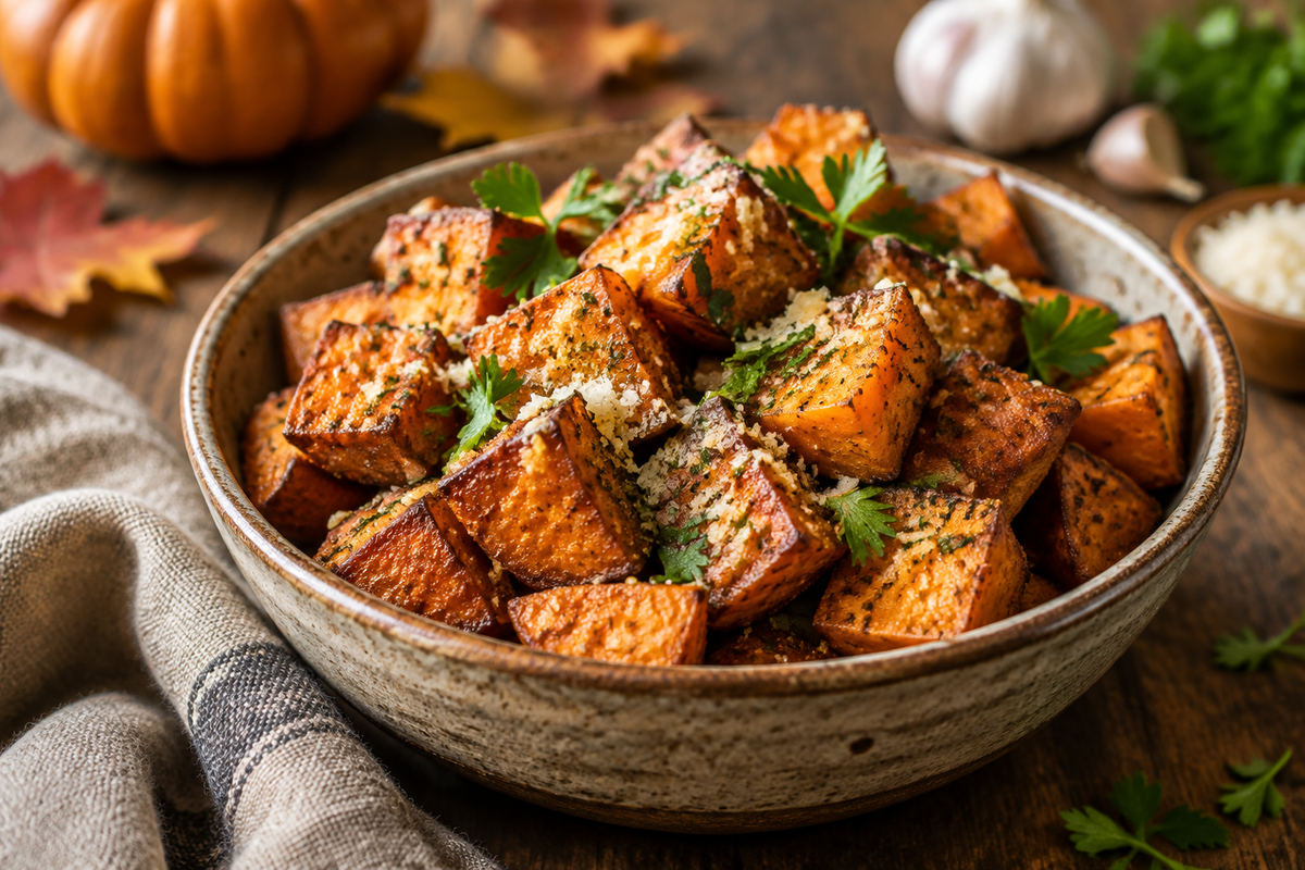 Crispy garlic parmesan sweet potatoes served in a rustic bowl garnished with parsley