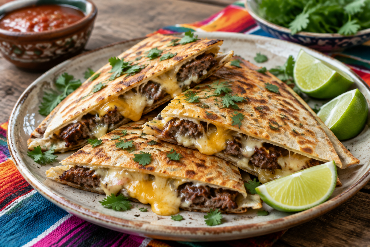 Crispy Mexican smashburger quesadillas with melted cheese and fresh cilantro garnish