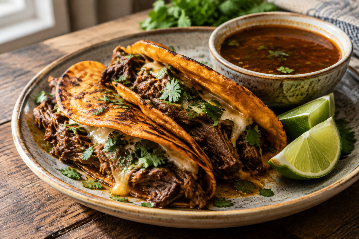 Crock pot birria tacos with tender shredded beef and melted cheese garnished with cilantro and lime wedges