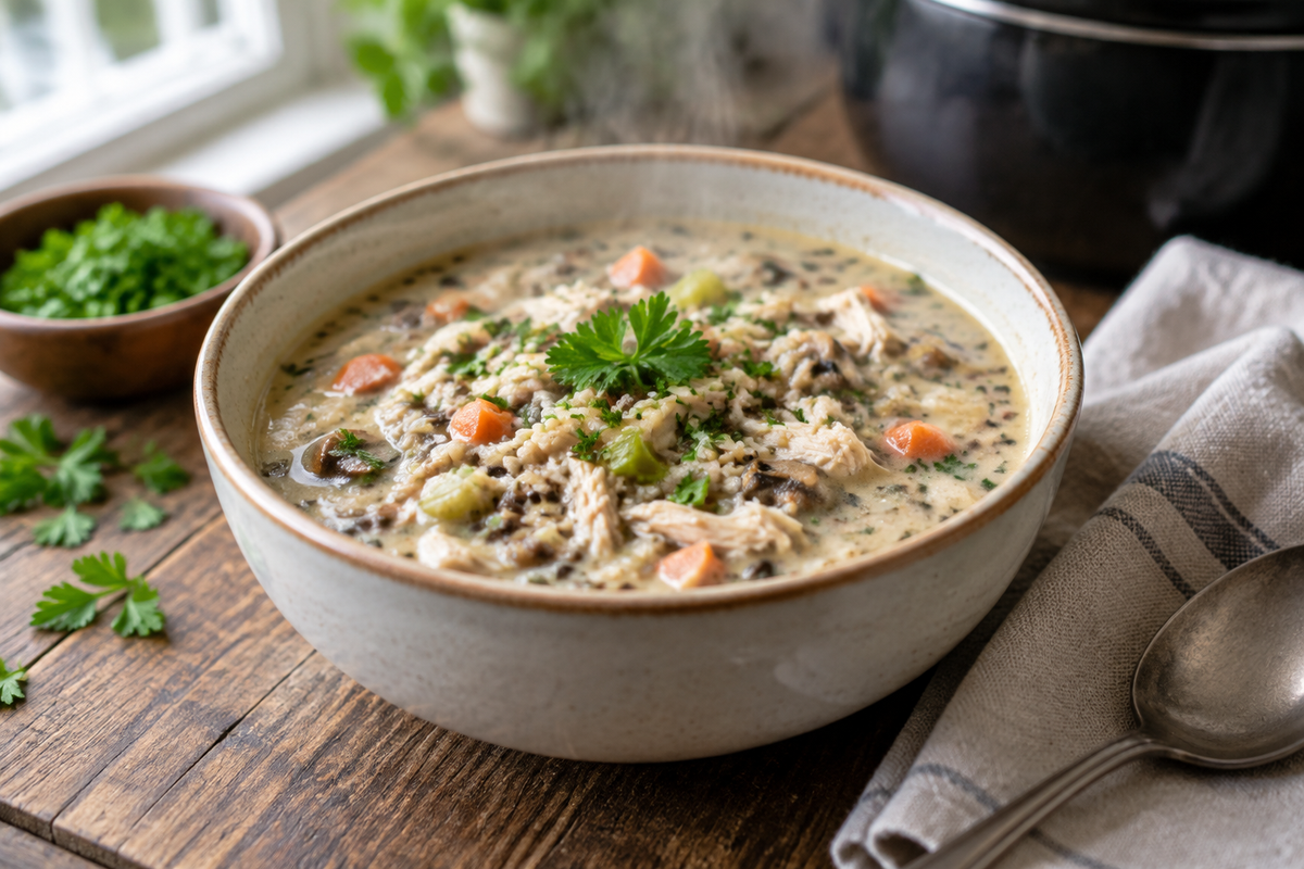 Creamy crockpot chicken wild rice soup in a bowl garnished with parsley
