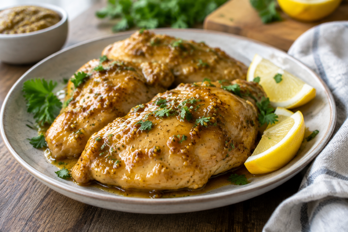 Crockpot honey mustard chicken glazed with sweet and savory sauce, garnished with parsley and lemon wedges