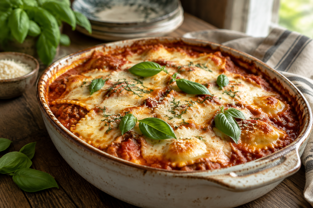 Close-up of crockpot ravioli lasagna with melted cheese and basil garnish, showcasing cheesy comfort food