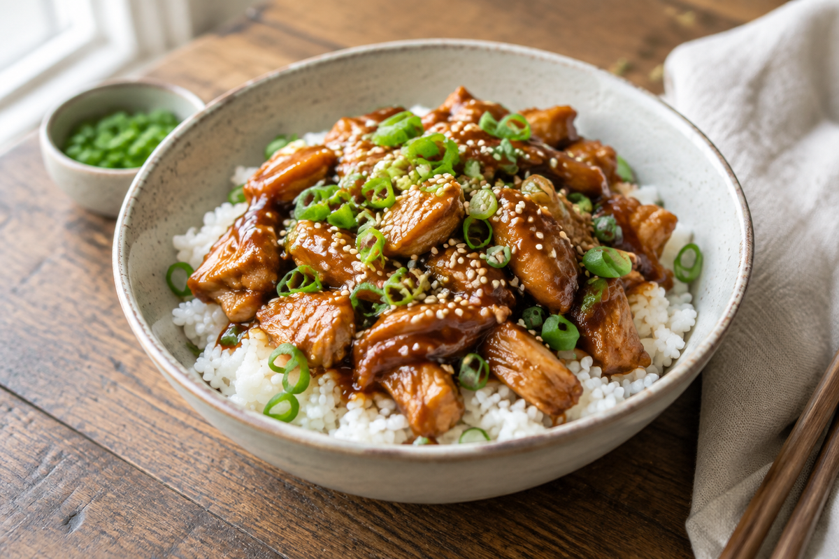 Crockpot teriyaki chicken served over rice with sesame seeds and green onions, showcasing the flavorful crockpot teriyaki chicken dish