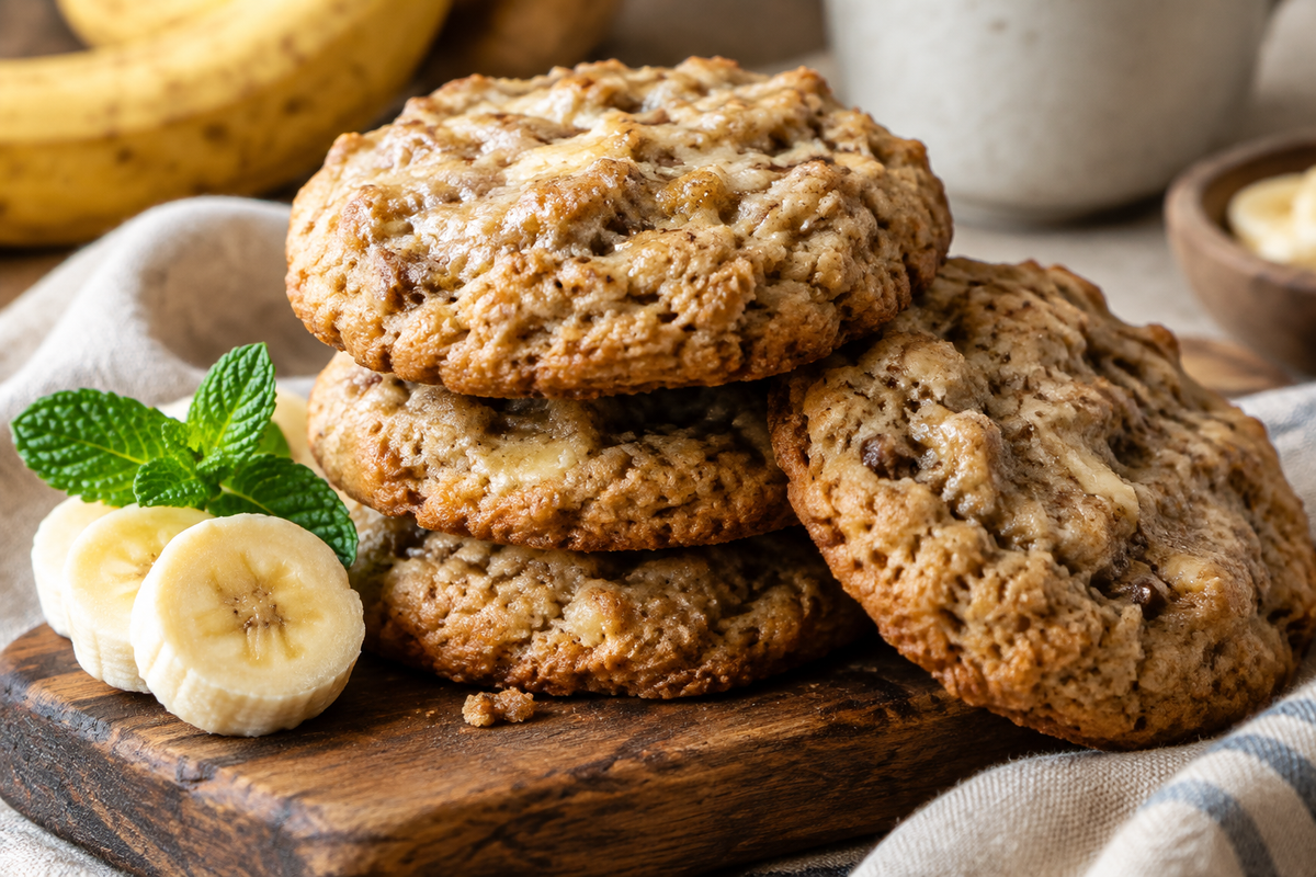 Stack of Crumbl banana bread cookies with moist texture and banana slices garnish