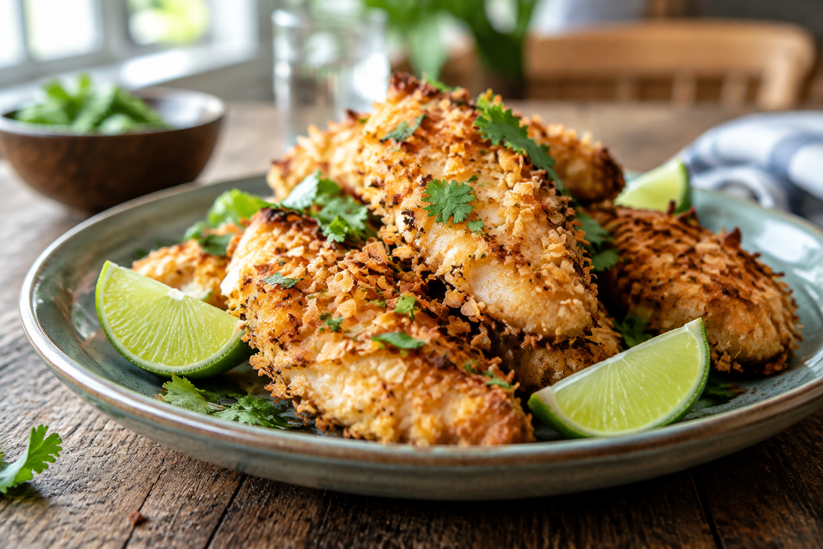 Plate of crunchy coconut chicken with crispy golden coating and toasted coconut flakes