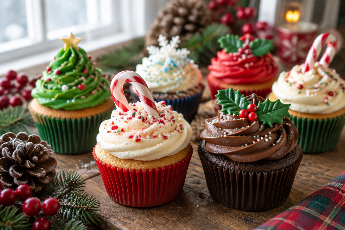 Festive Christmas cupcakes with colorful frosting and creative decorations for christmas cupcakes