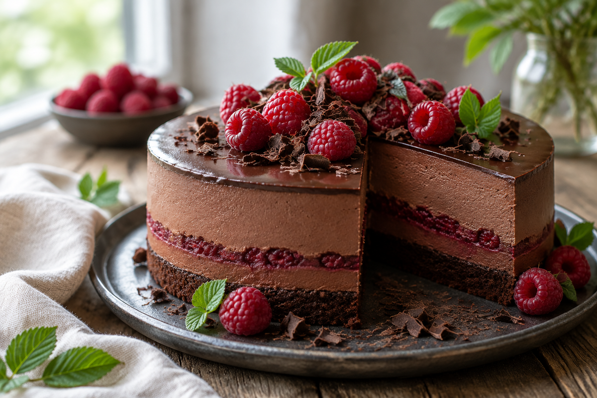 Slice of dark chocolate raspberry mousse cake topped with fresh raspberries and chocolate shavings