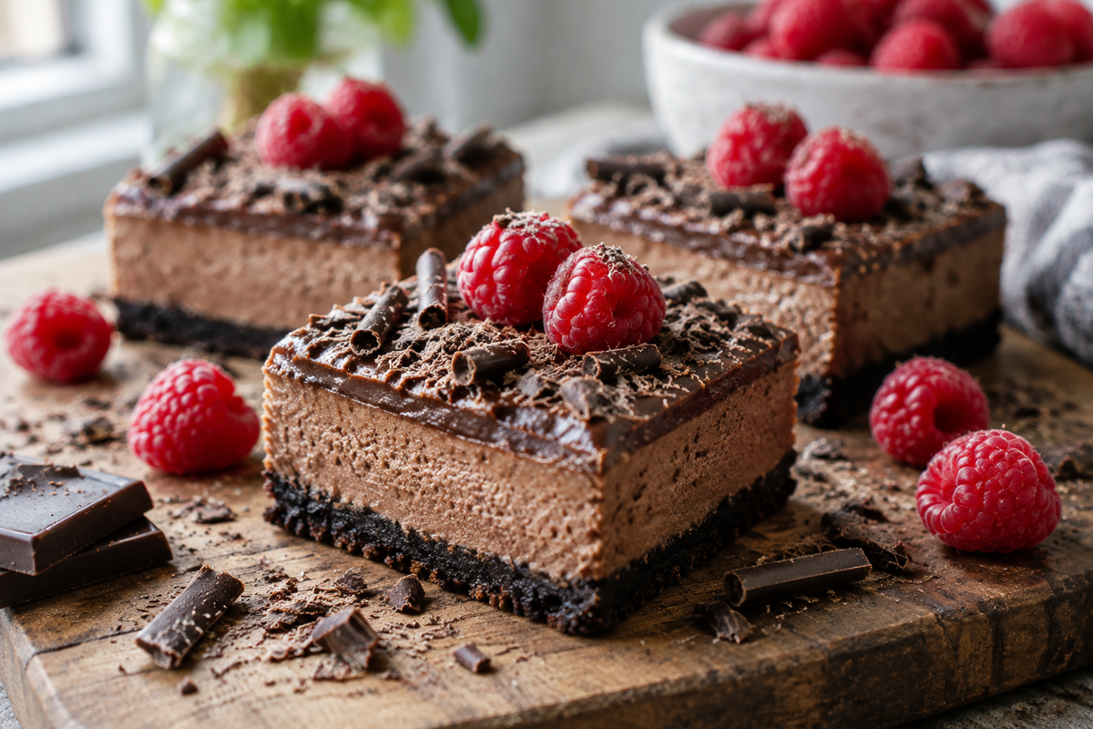 No bake cheesecake bars topped with chocolate shavings and raspberries, showcasing rich layers of chocolate and creamy filling