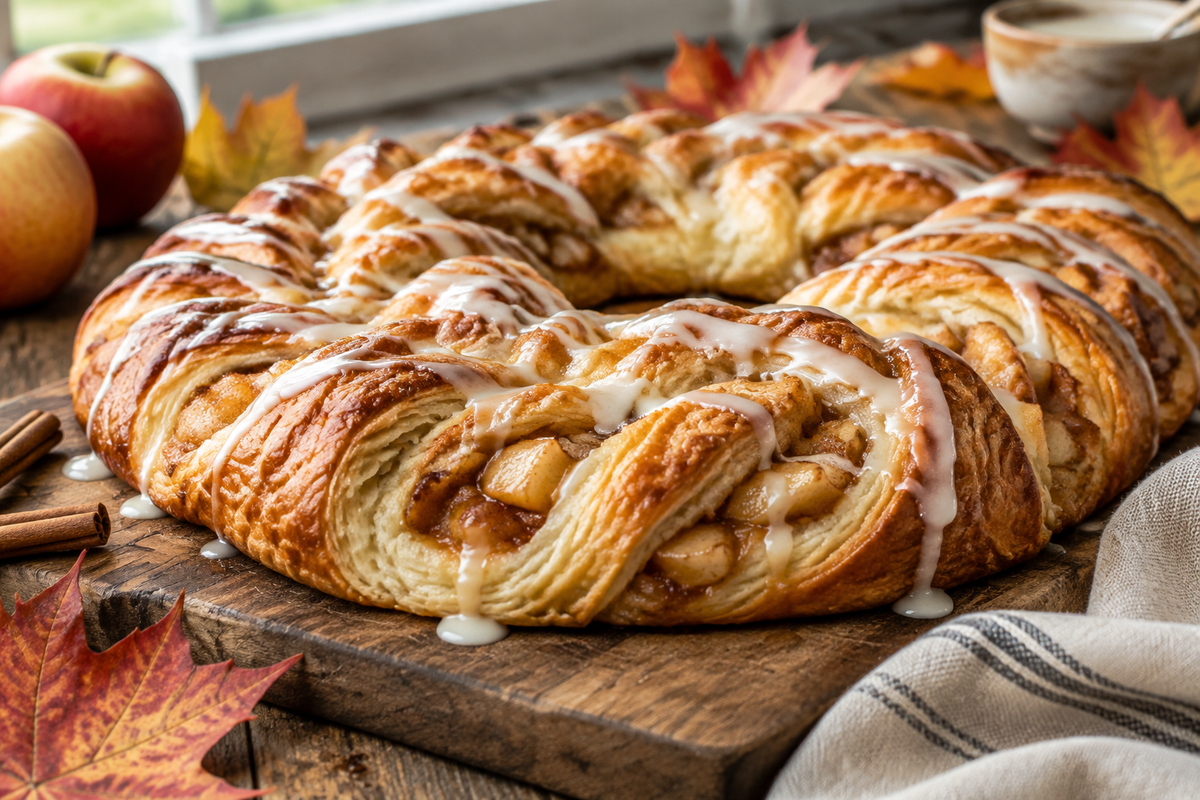 Golden apple kringle with vanilla drizzle on rustic board, showcasing flaky puff pastry and apple filling