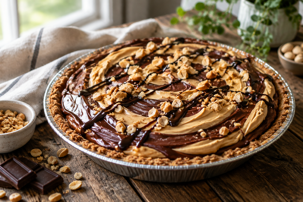 Decadent chocolate peanut butter pie with creamy swirls and peanut garnish on rustic table